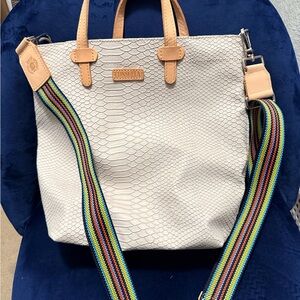 Consuela Cream and Tan Tote with Rainbow Strap